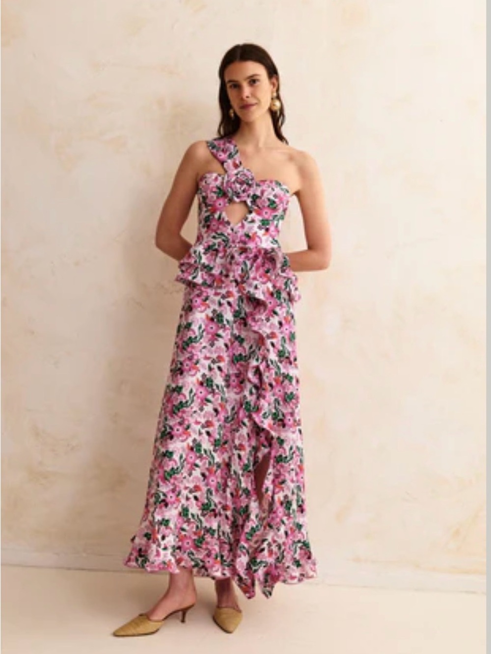 Gul Hurgel One-Shoulder Pink Floral Maxi Dress with Ruffle Detail